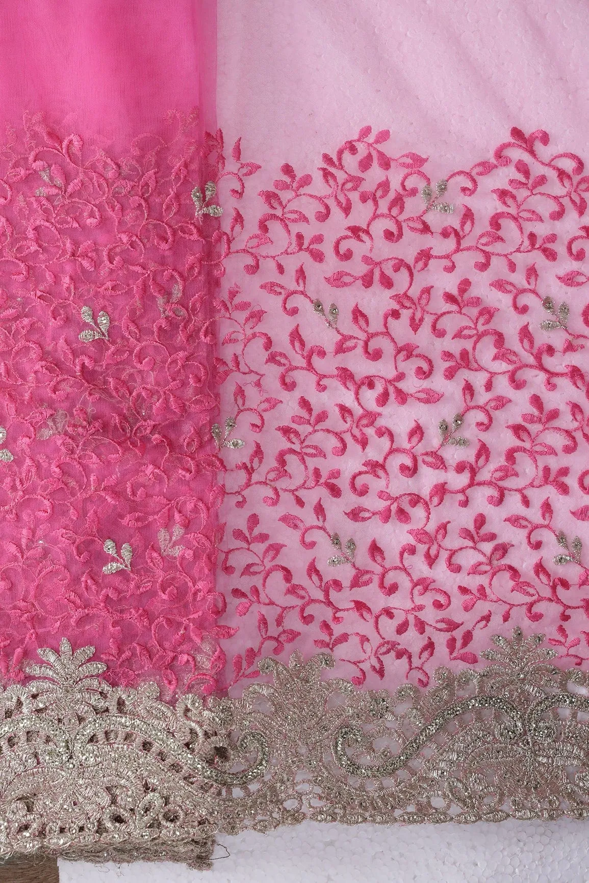 Big Width''56'' Pink Thread With Zari Leafy Embroidery Work On Pink Soft Net Fabric With Border