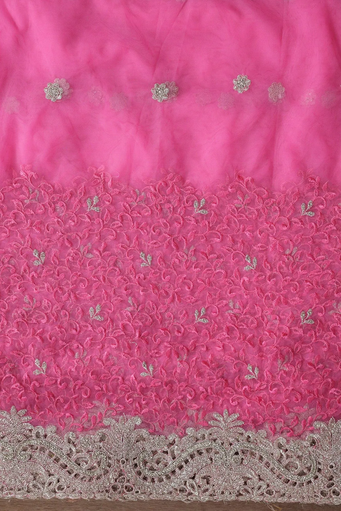 Big Width''56'' Pink Thread With Zari Leafy Embroidery Work On Pink Soft Net Fabric With Border