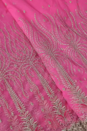 Big Width''56'' Pink Thread With Zari Traditional Embroidery Work On Pink Soft Net Fabric With Border