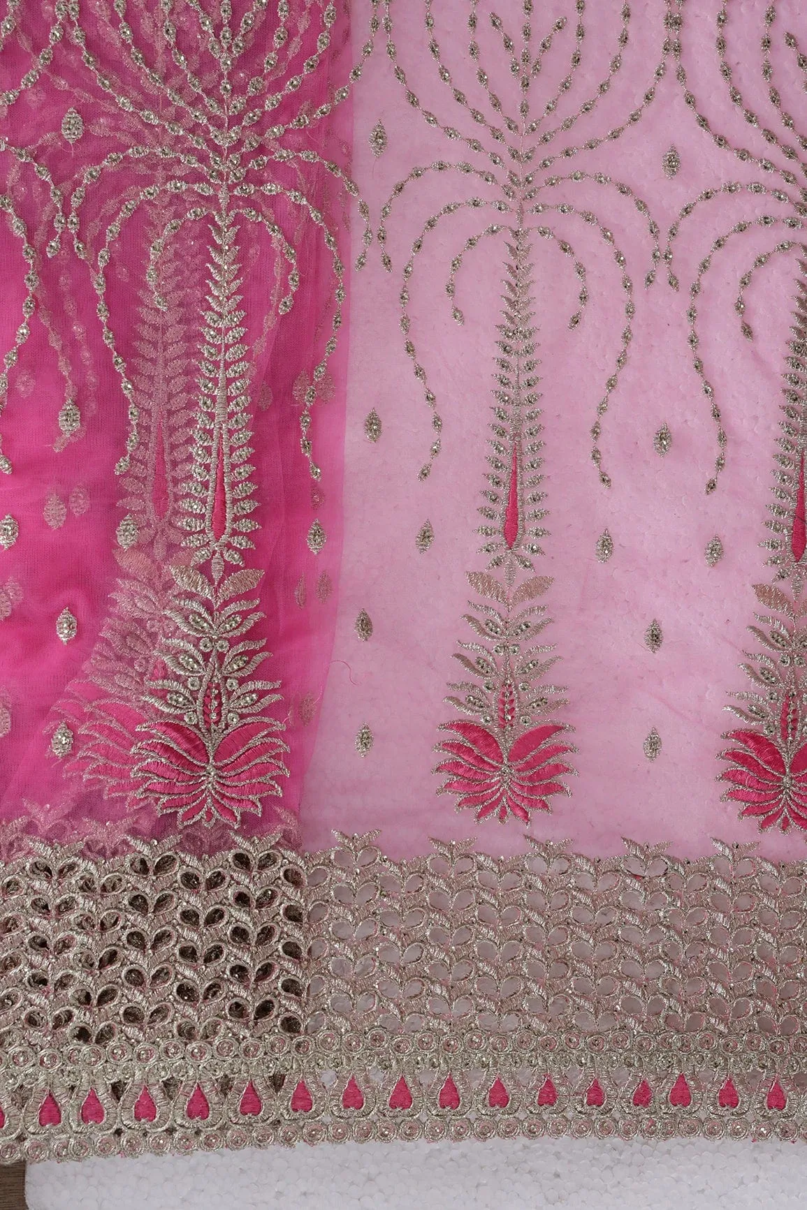 Big Width''56'' Pink Thread With Zari Traditional Embroidery Work On Pink Soft Net Fabric With Border