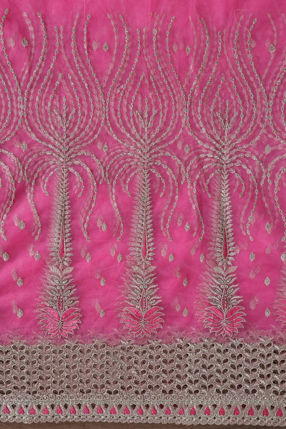 Big Width''56'' Pink Thread With Zari Traditional Embroidery Work On Pink Soft Net Fabric With Border