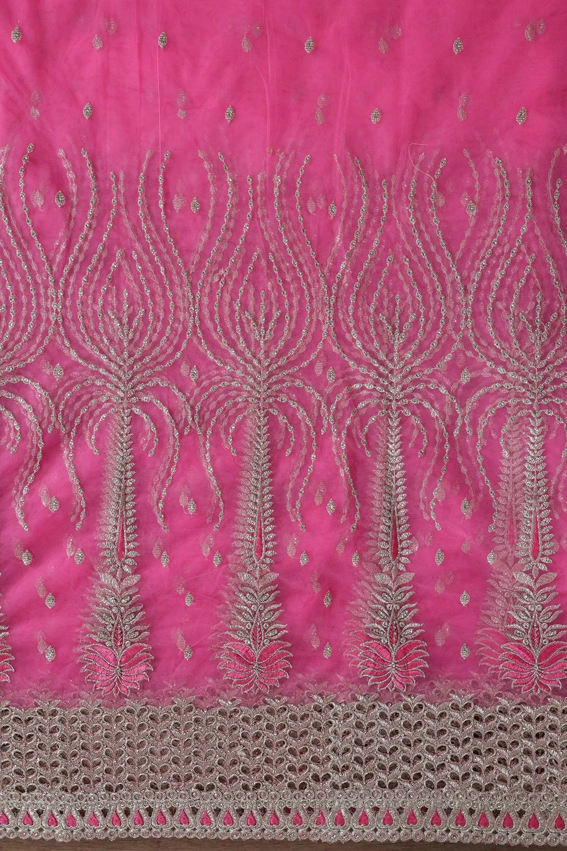 Big Width''56'' Pink Thread With Zari Traditional Embroidery Work On Pink Soft Net Fabric With Border