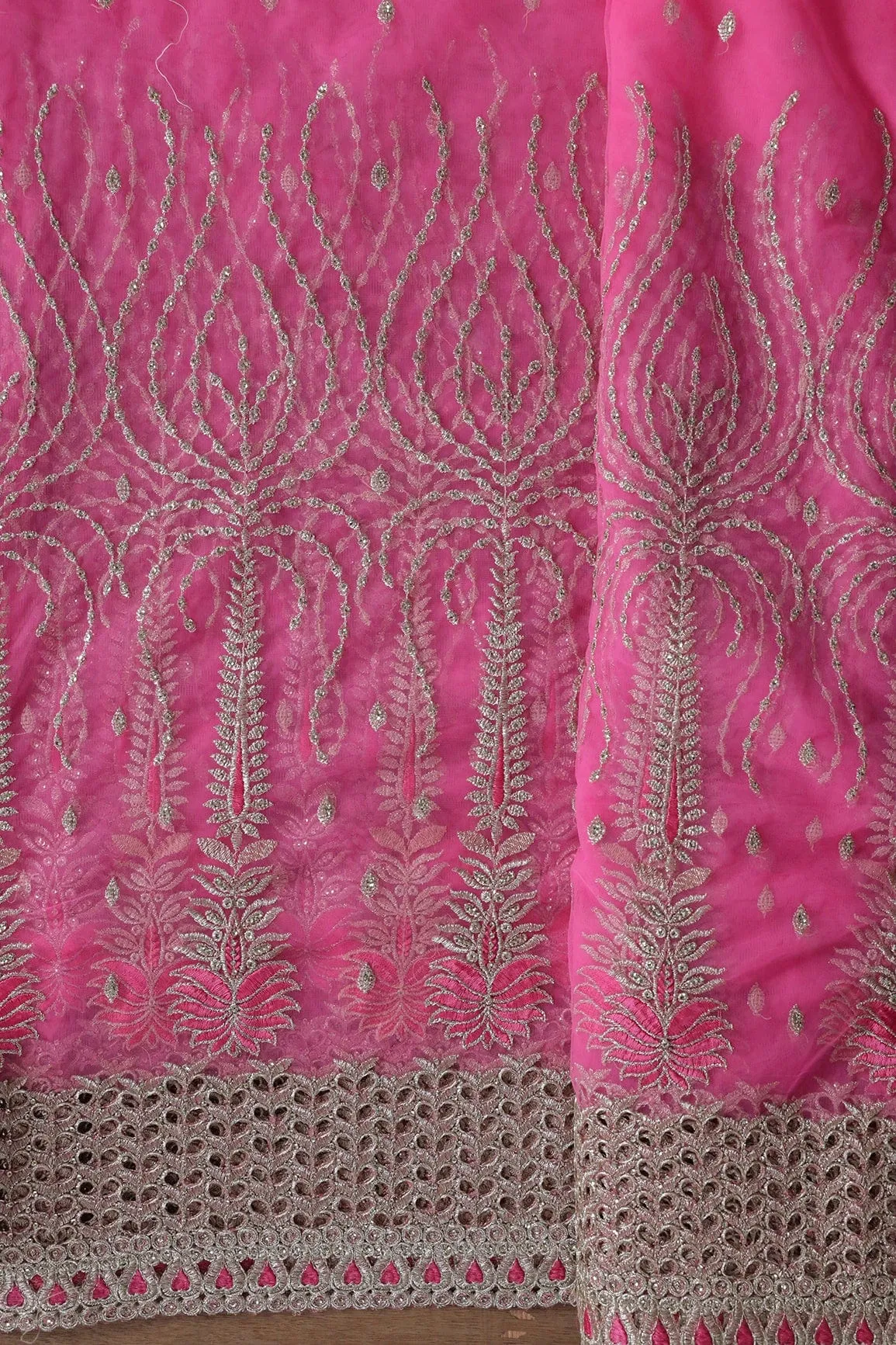 Big Width''56'' Pink Thread With Zari Traditional Embroidery Work On Pink Soft Net Fabric With Border