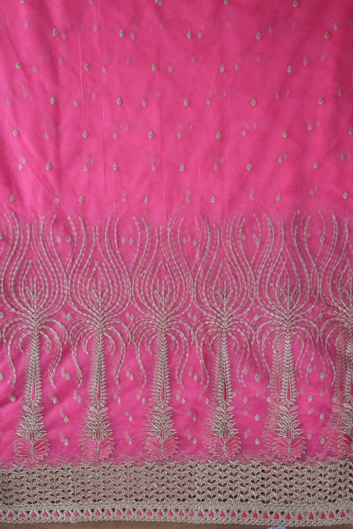 Big Width''56'' Pink Thread With Zari Traditional Embroidery Work On Pink Soft Net Fabric With Border