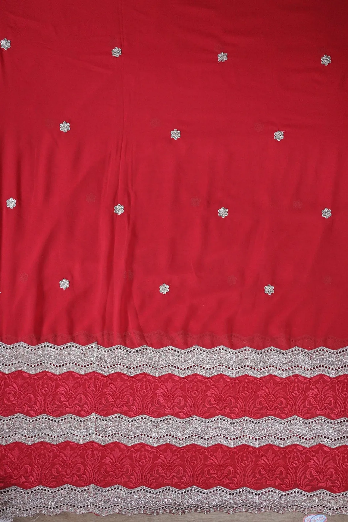 Big Width''56'' Red Thread With Zari Ethnic Embroidery Work On Red Georgette Fabric With Border