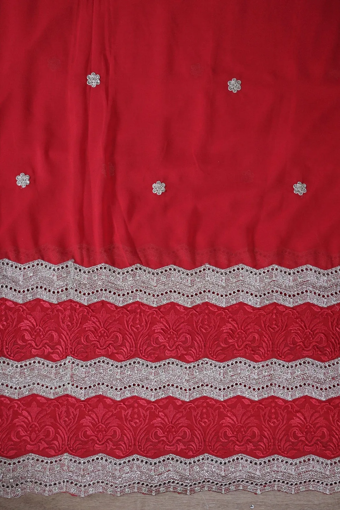 Big Width''56'' Red Thread With Zari Ethnic Embroidery Work On Red Georgette Fabric With Border