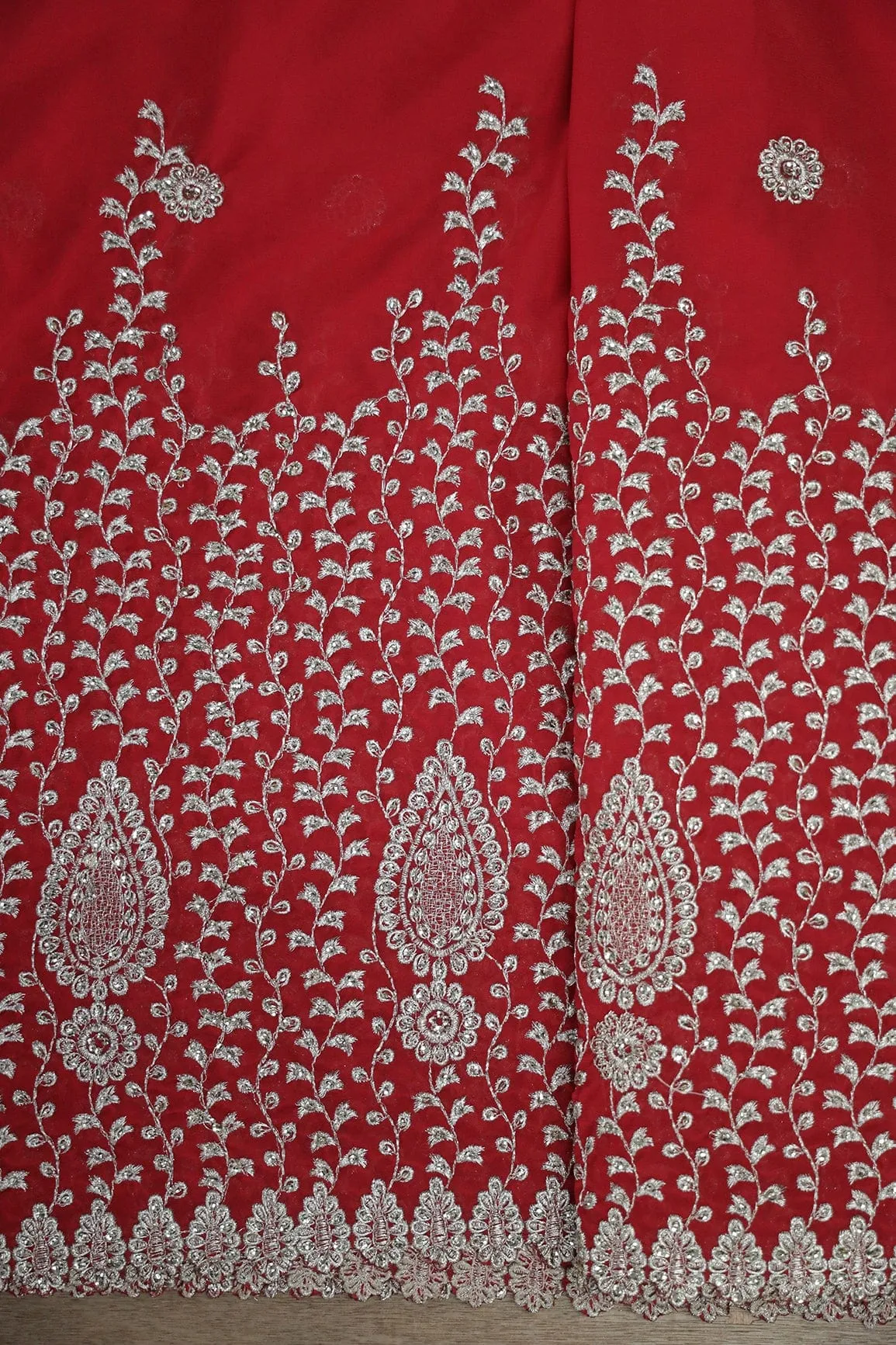 Big Width''56'' Silver Zari Leafy Embroidery Work On Red Georgette Fabric With Border