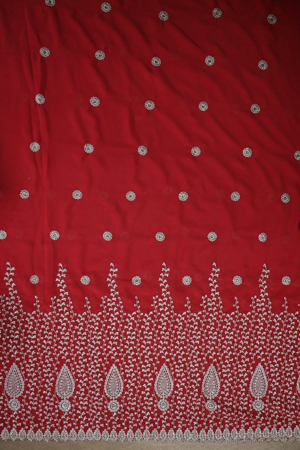 Big Width''56'' Silver Zari Leafy Embroidery Work On Red Georgette Fabric With Border