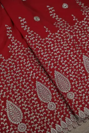 Big Width''56'' Silver Zari Leafy Embroidery Work On Red Georgette Fabric With Border