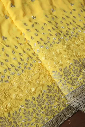 Big Width''56'' Silver Zari Leafy Embroidery Work On Yellow Georgette Fabric With Border