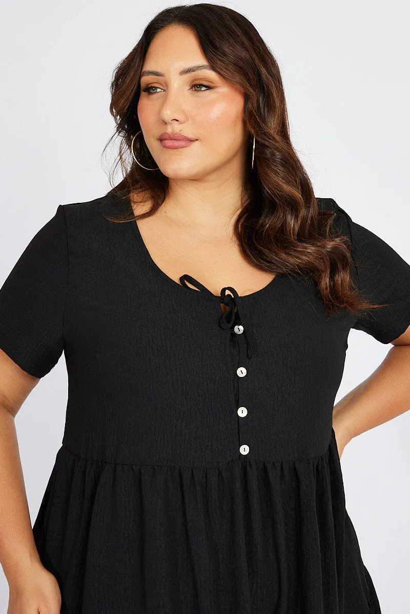 Black Button Front Crinkle Minidress