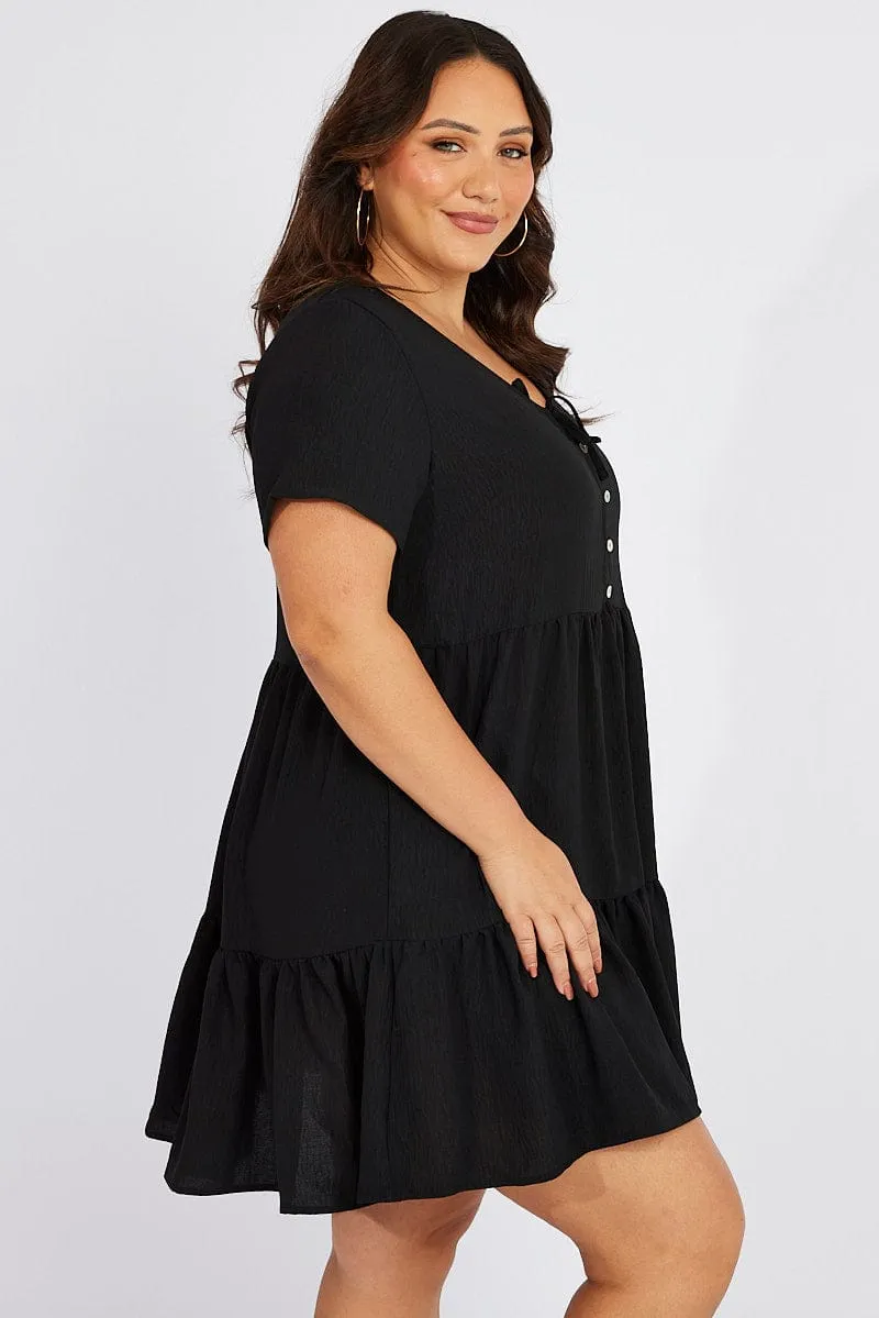 Black Button Front Crinkle Minidress