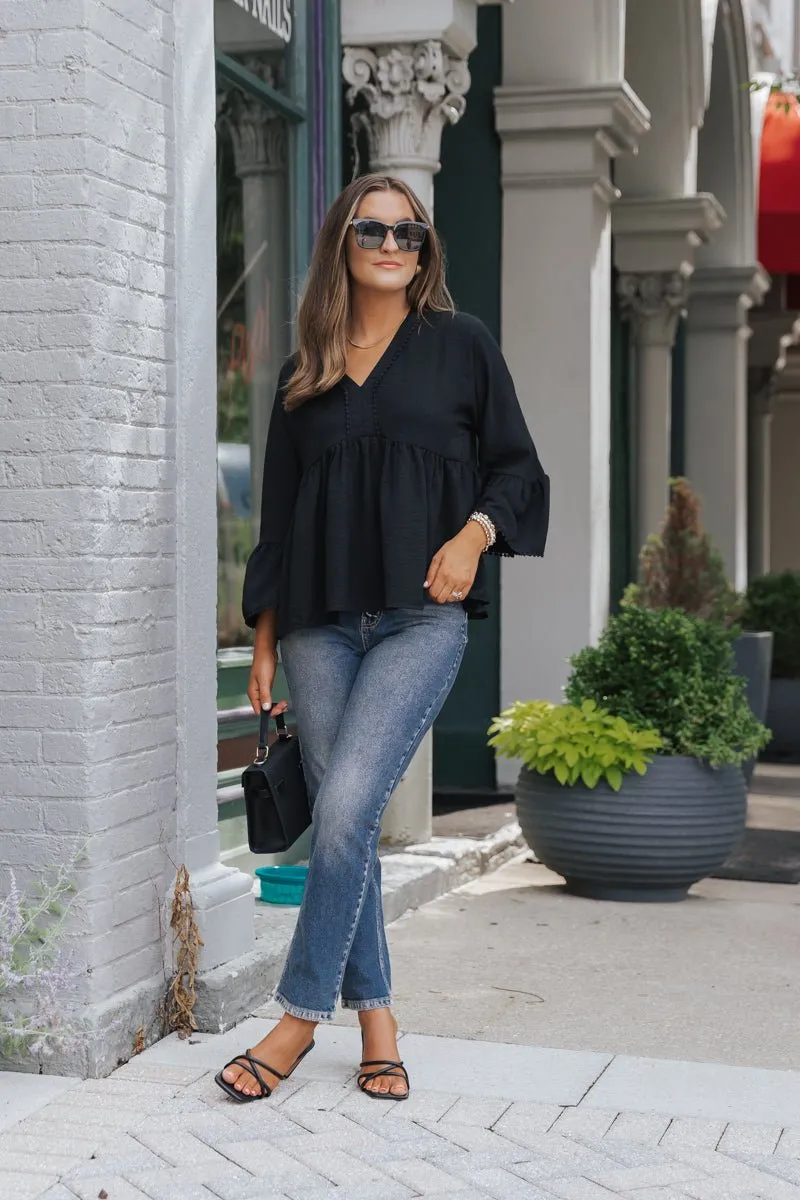 Black Lace Trim Bell Sleeve Blouse