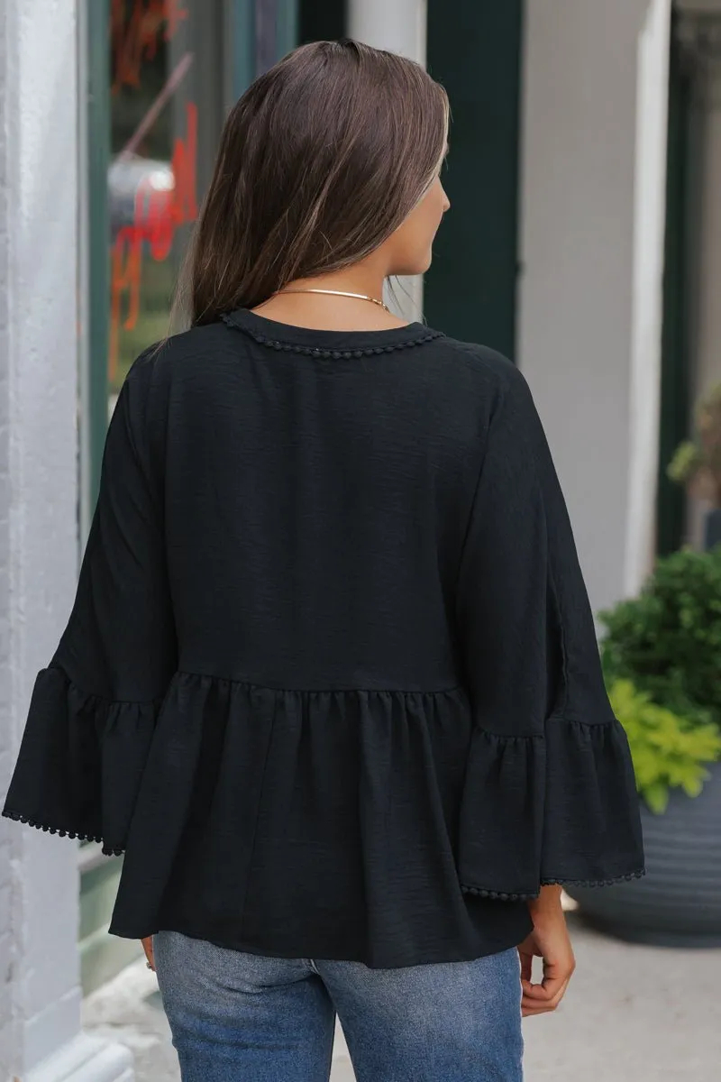 Black Lace Trim Bell Sleeve Blouse