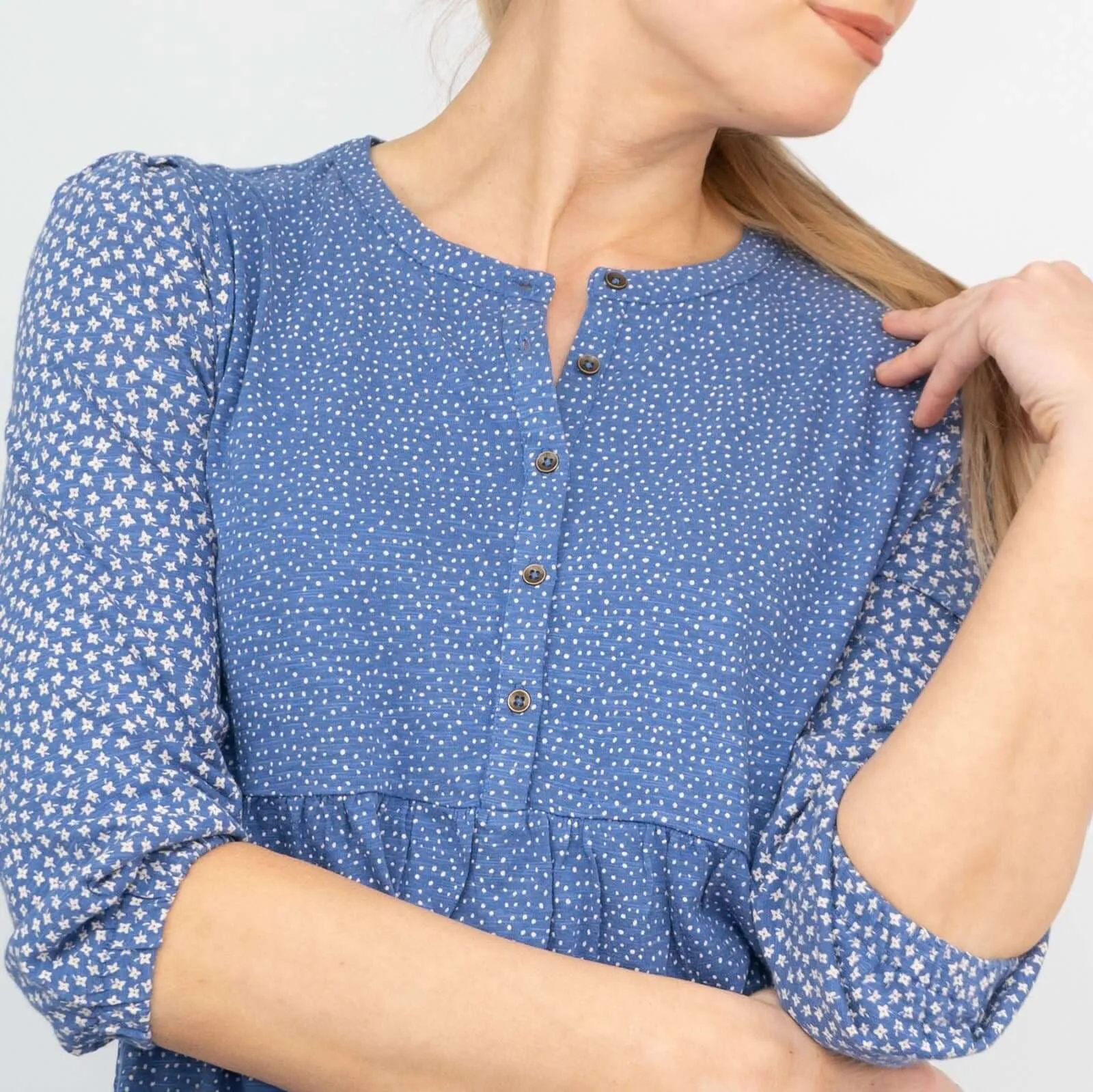 Blue 3/4 Sleeve Ditsy Floral Jersey Tops