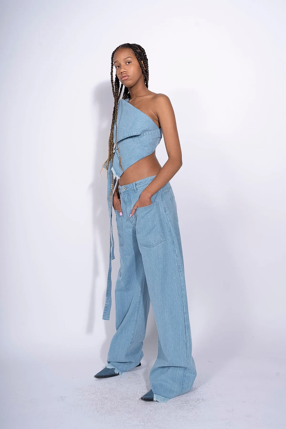 BLUE DENIM PATCH POCKET BOYFRIEND TROUSERS