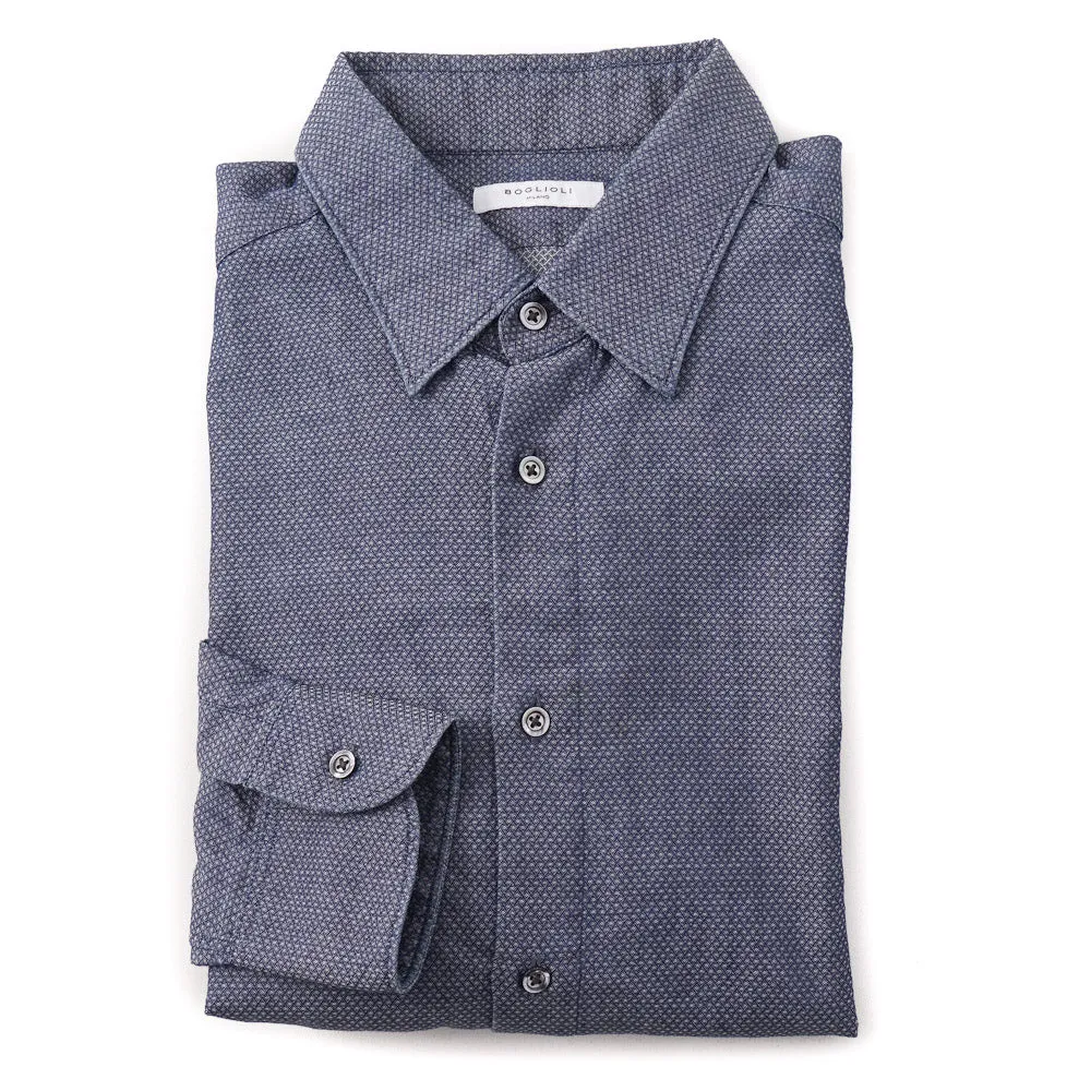 Boglioli Cotton Shirt in Blue Woven Jacquard Pattern