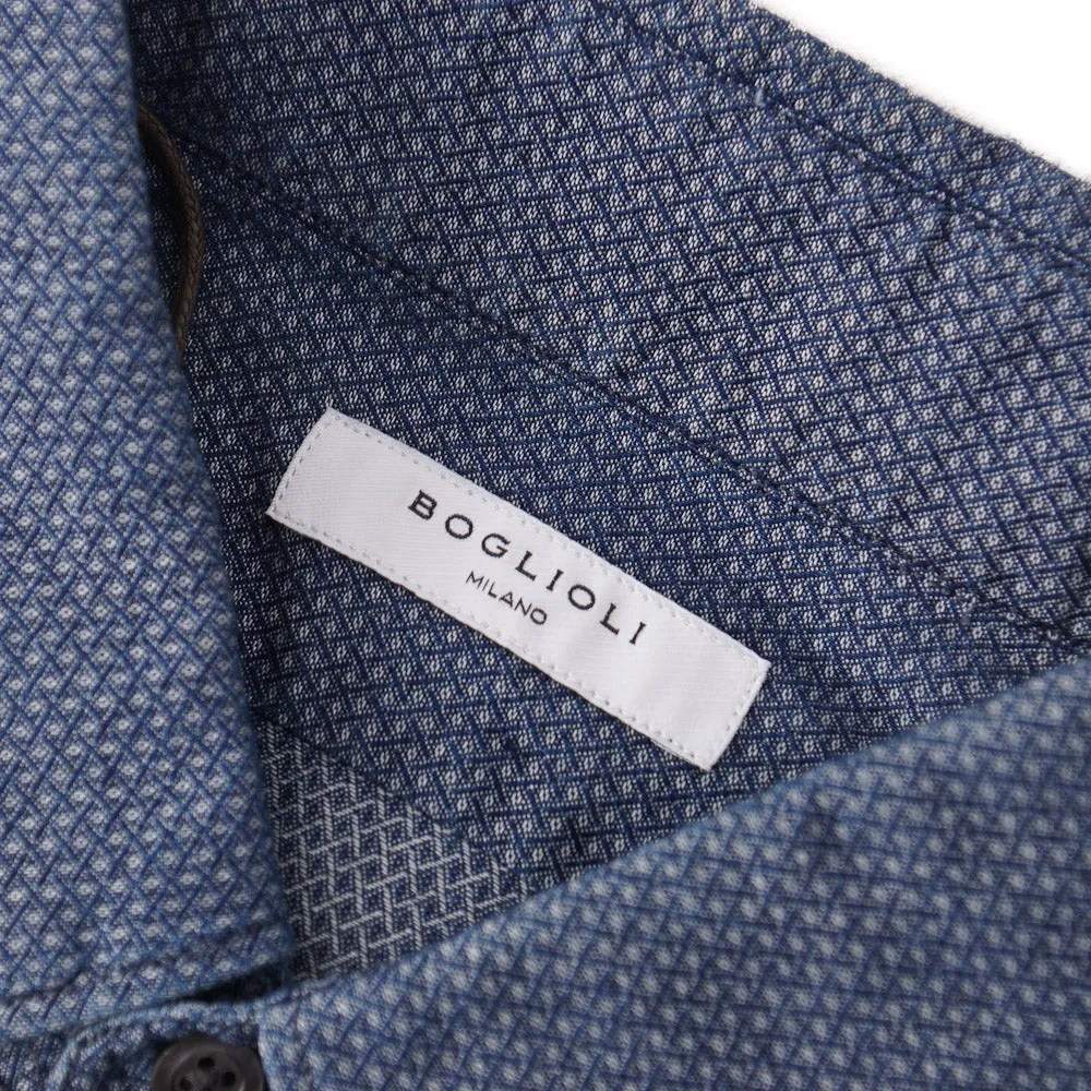 Boglioli Cotton Shirt in Blue Woven Jacquard Pattern