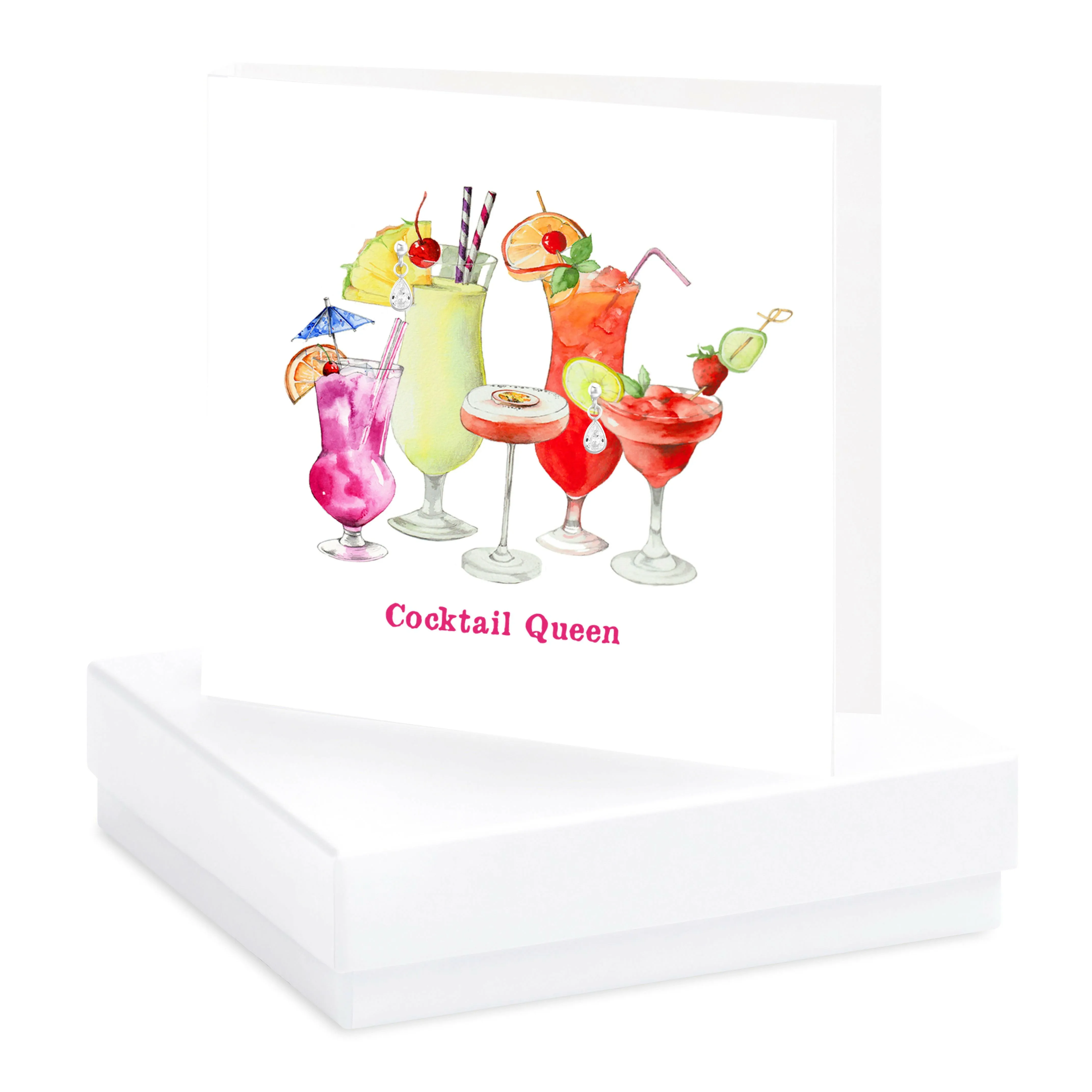 Boxed Silver Earring Card Cocktail Queen