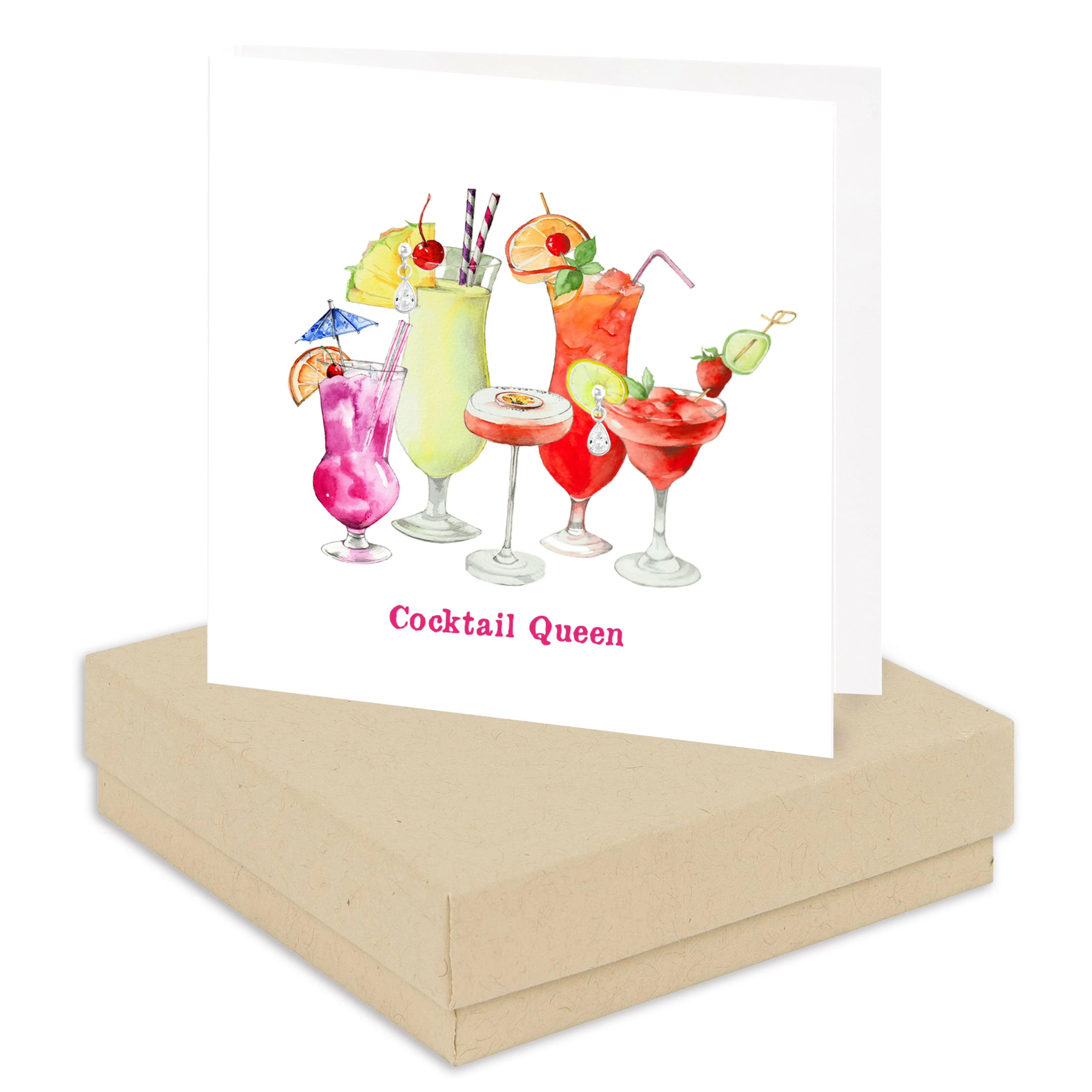 Boxed Silver Earring Card Cocktail Queen