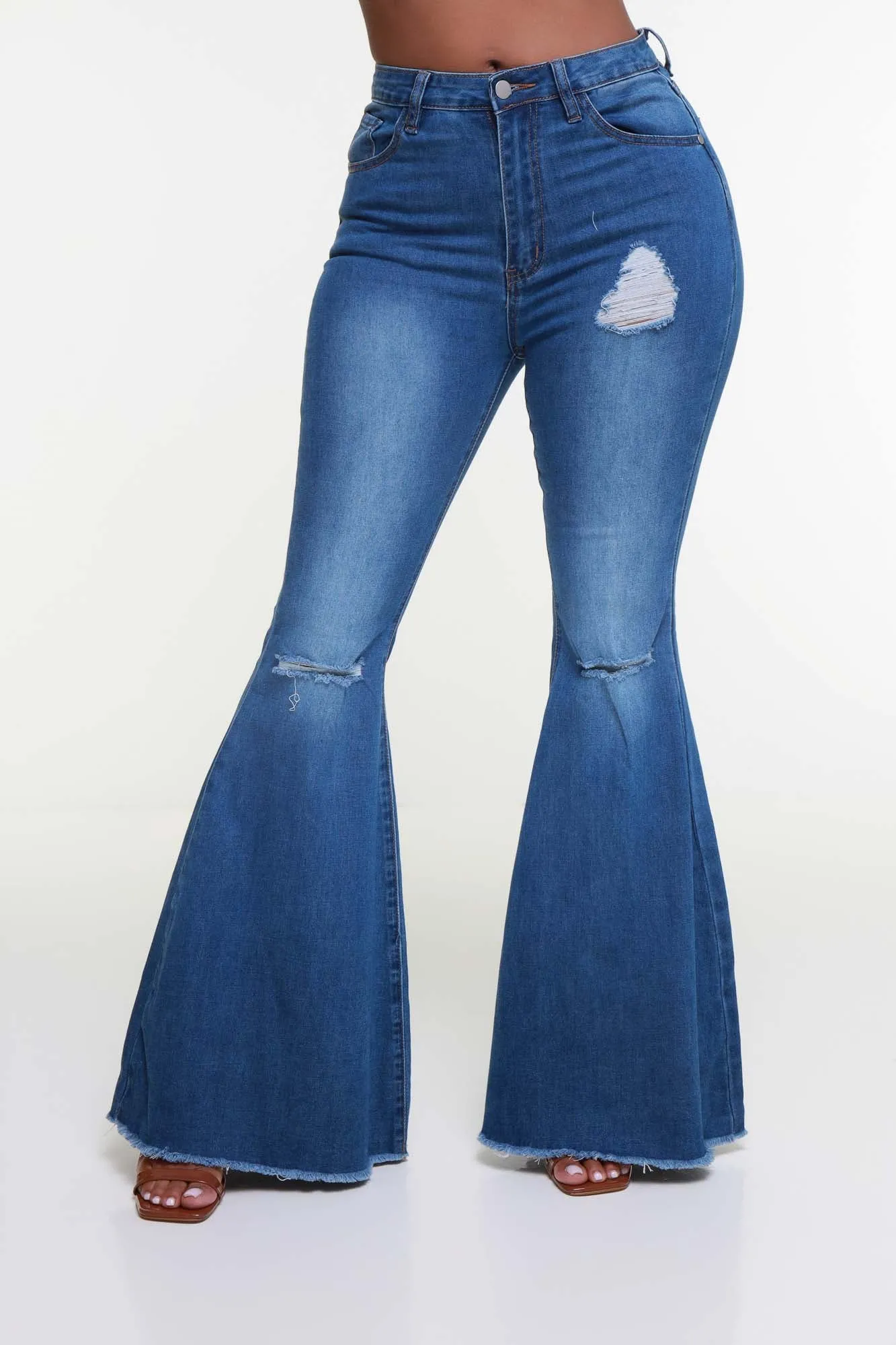 Break Free High Rise Distressed Bell Bottom Jeans - Medium Wash