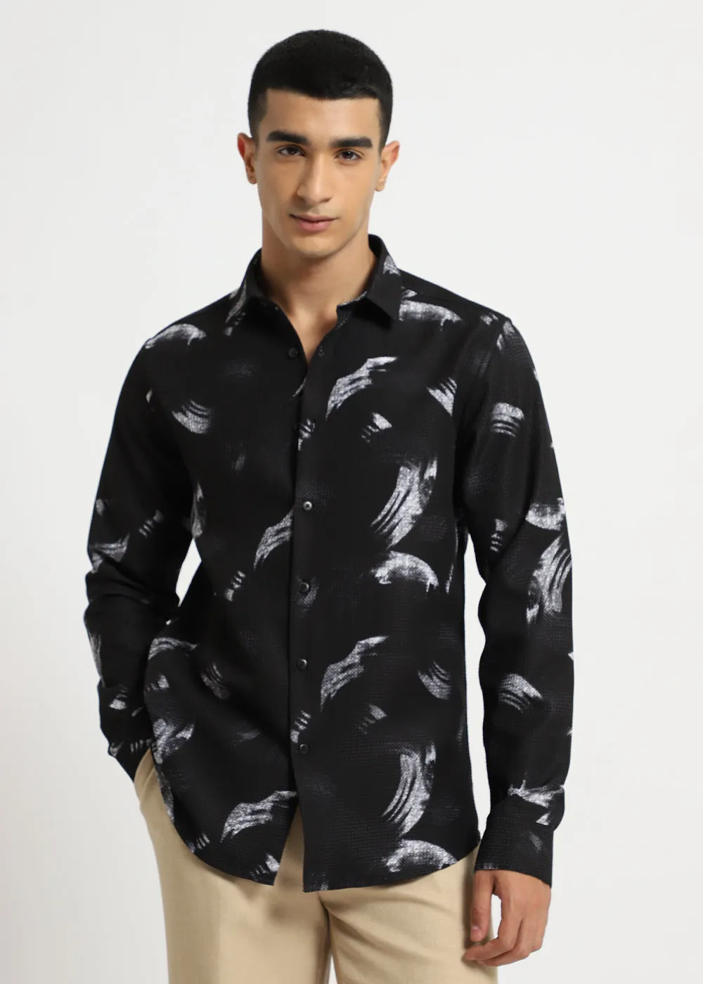 Brush Stroke Waffle Dobby Black Shirt