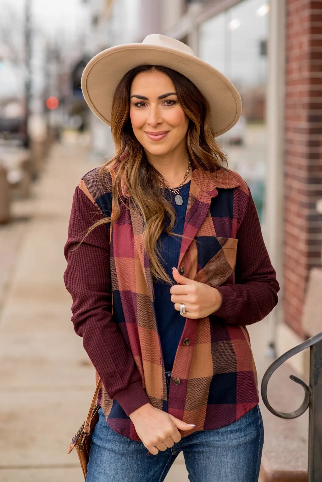 Buffalo Plaid Waffle Sleeve Shacket