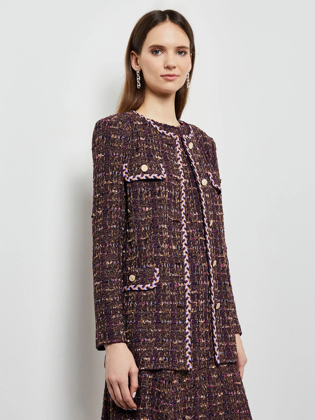 Button Front Jacket - Braid Trim Tweed Knit