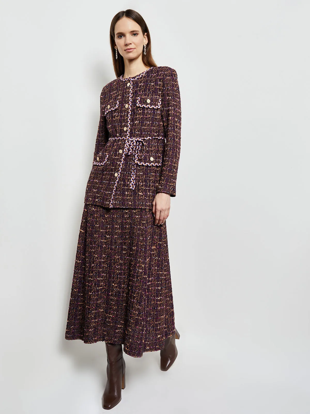 Button Front Jacket - Braid Trim Tweed Knit