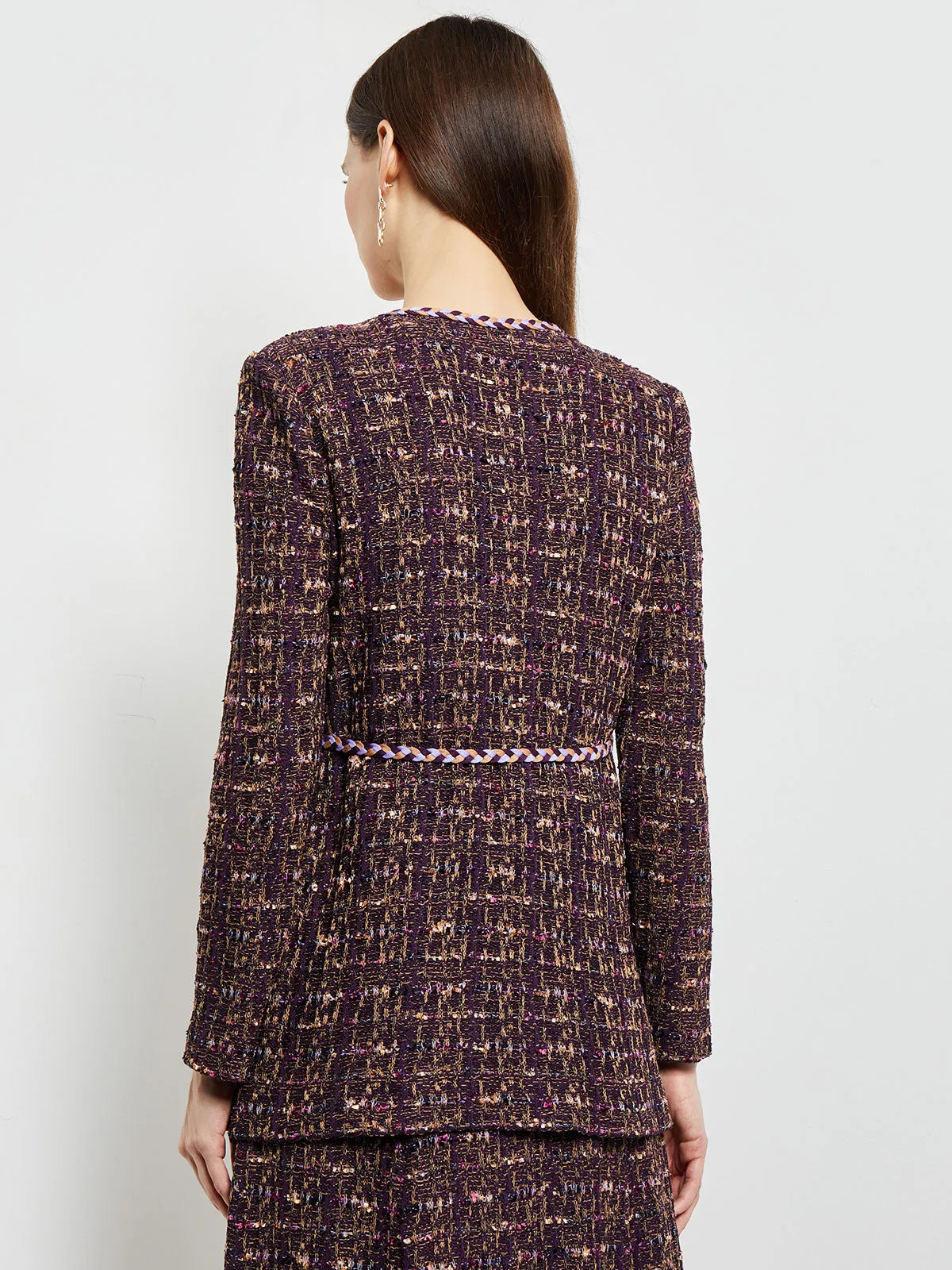 Button Front Jacket - Braid Trim Tweed Knit