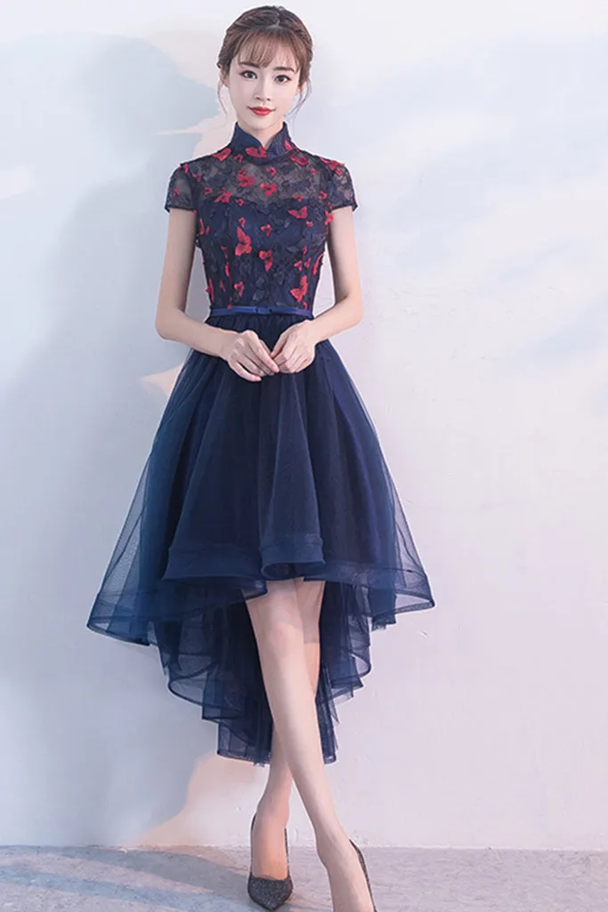 CAP SLEEVE STAND UP COLLAR LACE FLOWER HIGH-LOW DRESS