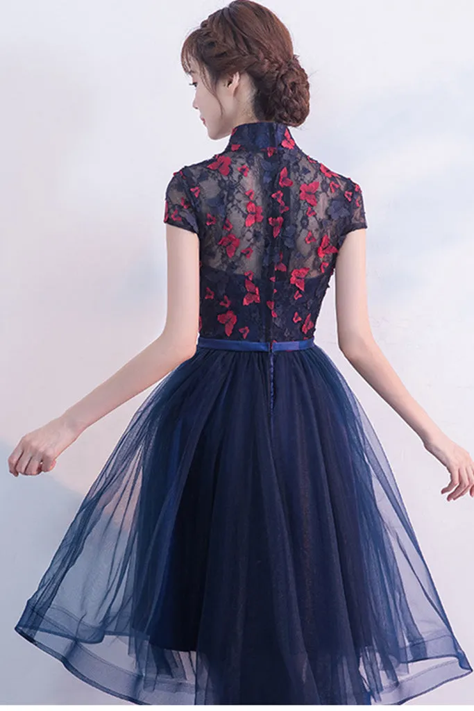 CAP SLEEVE STAND UP COLLAR LACE FLOWER HIGH-LOW DRESS