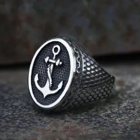 Carved Anchor Stainless Steel Marine Ring