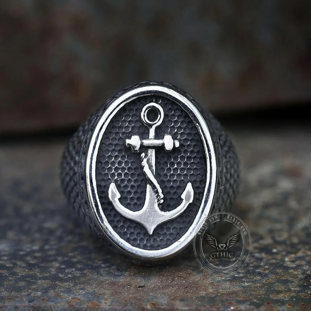 Carved Anchor Stainless Steel Marine Ring