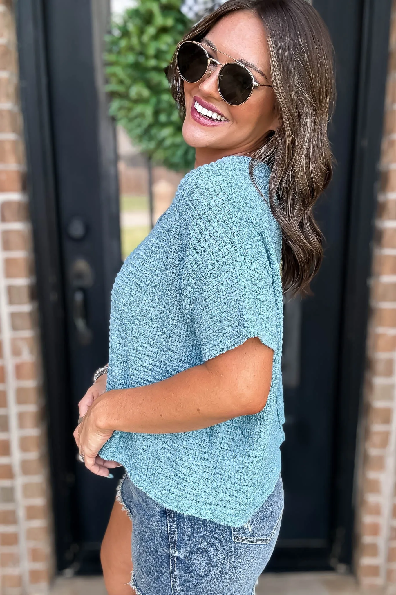 Casually Cute Dusty Teal Drop Shoulder Top