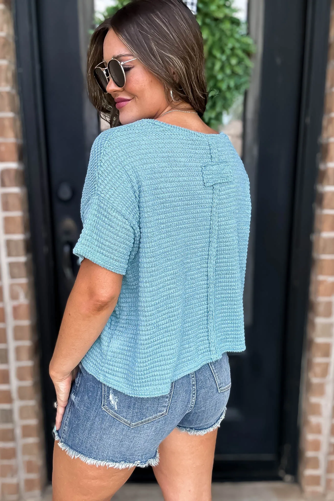 Casually Cute Dusty Teal Drop Shoulder Top