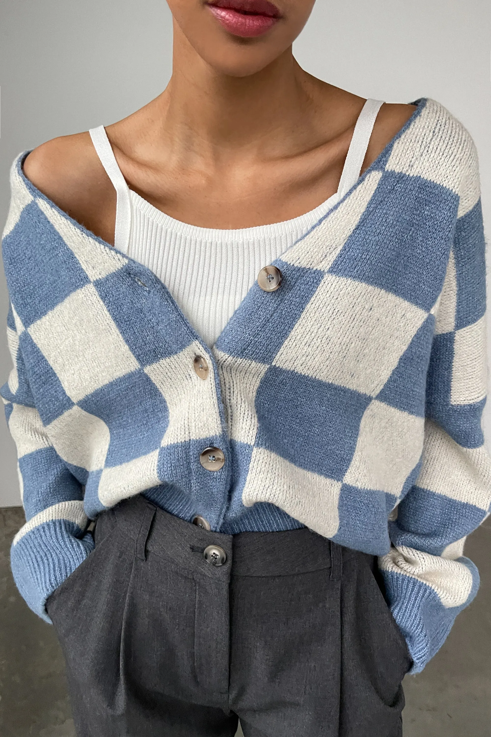 CHECKERED BUTTON FRONT CARDIGAN