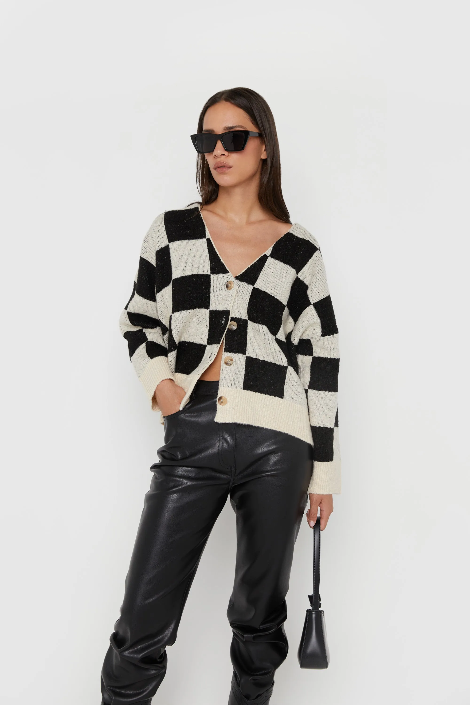 CHECKERED BUTTON FRONT CARDIGAN