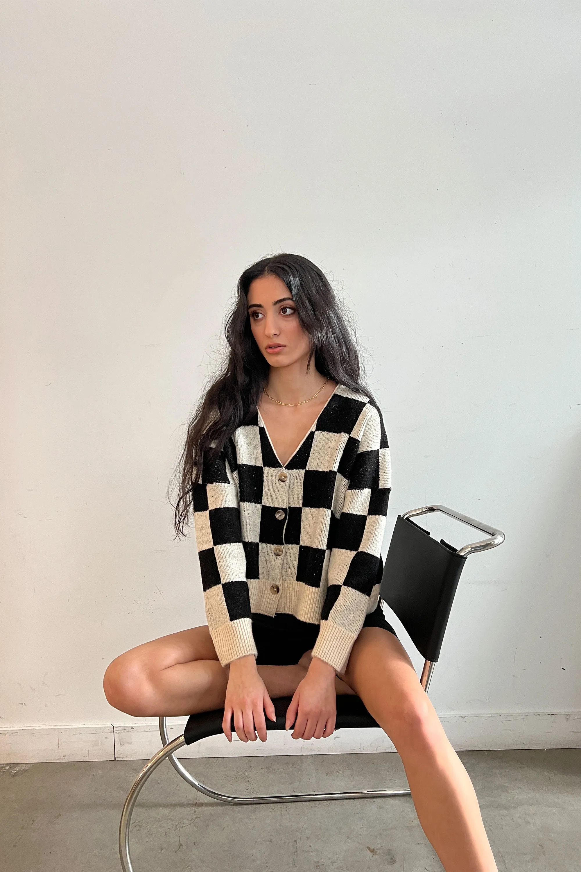 CHECKERED BUTTON FRONT CARDIGAN