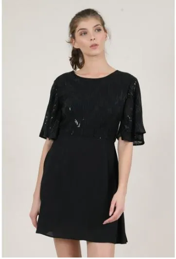 Chiffon and Sequin Short Sleeved Dress | Black