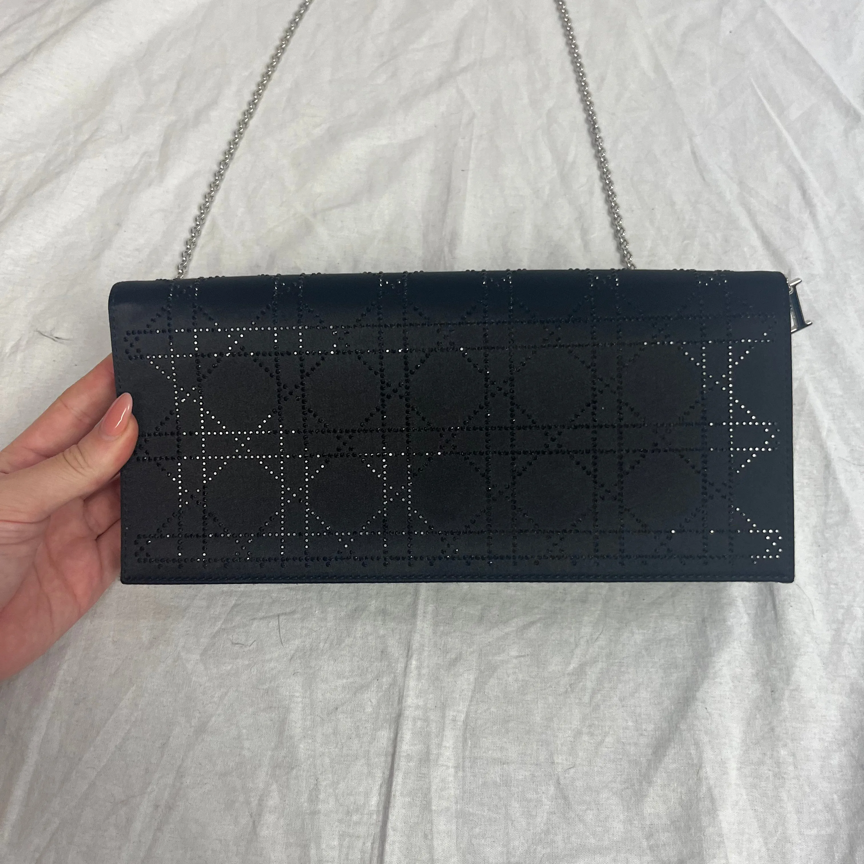 Christian Dior Black Silk Crystal Cannage Lady Dior Bag