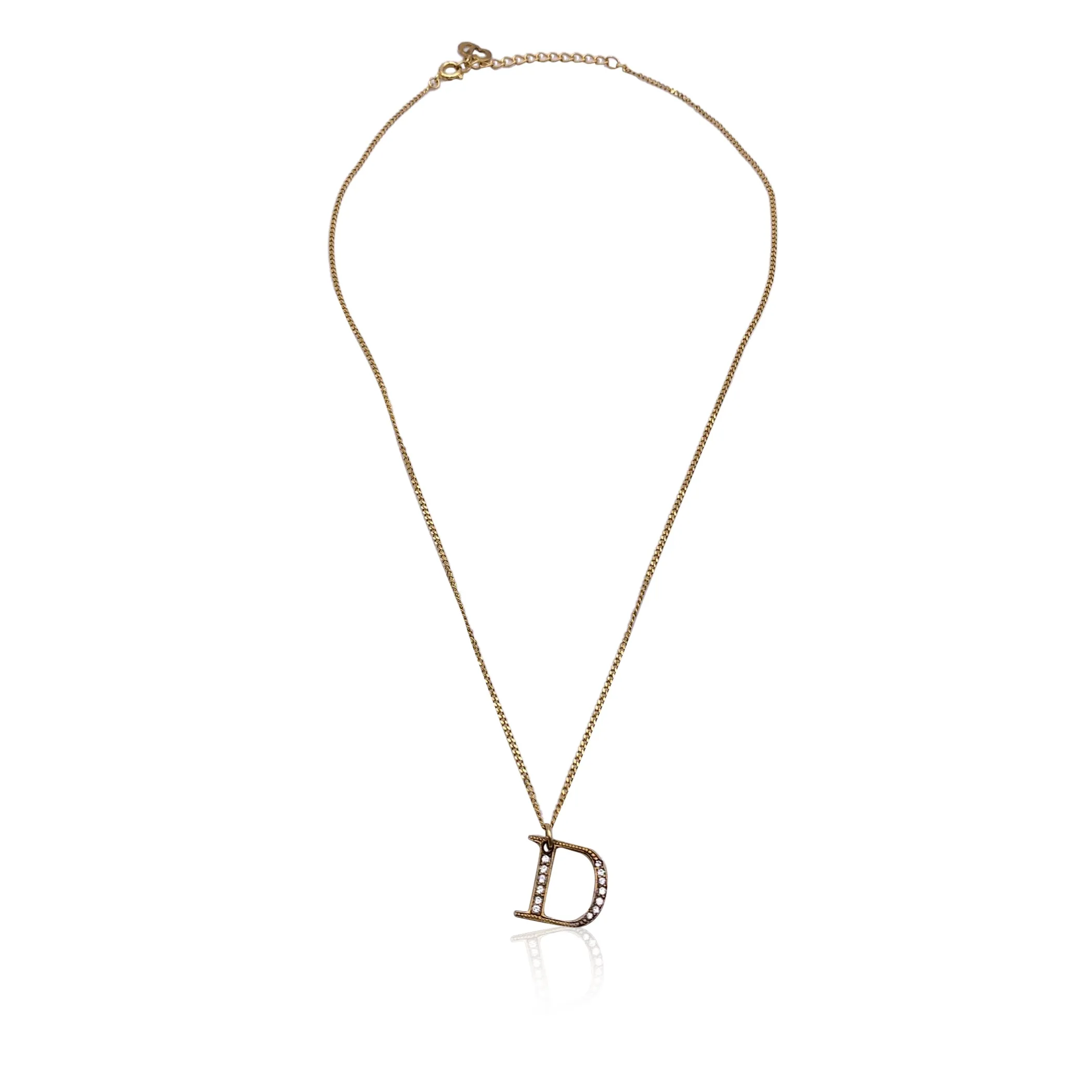 Christian Dior Gold Metal D Crystal Logo Pendant Chain Necklace