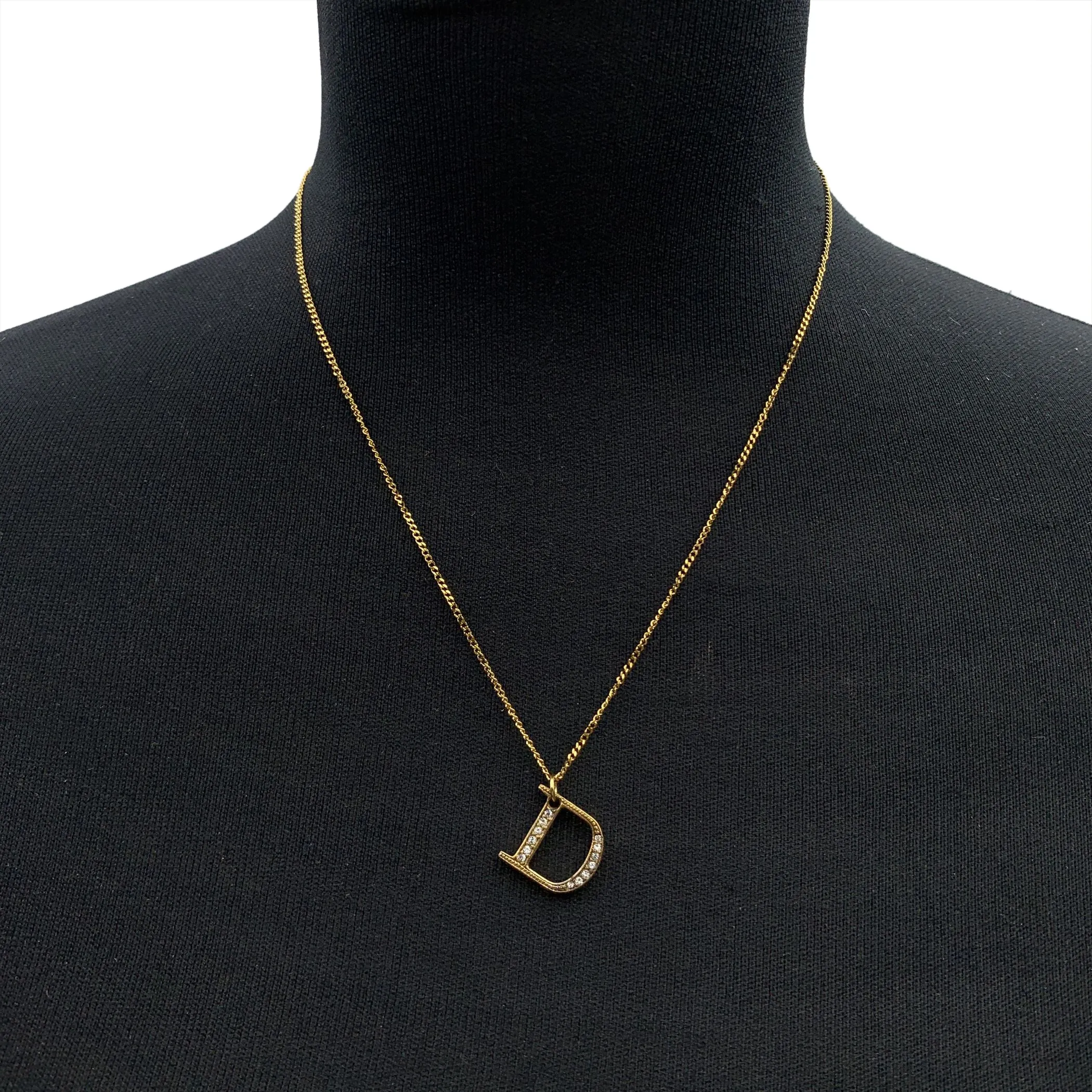 Christian Dior Gold Metal D Crystal Logo Pendant Chain Necklace