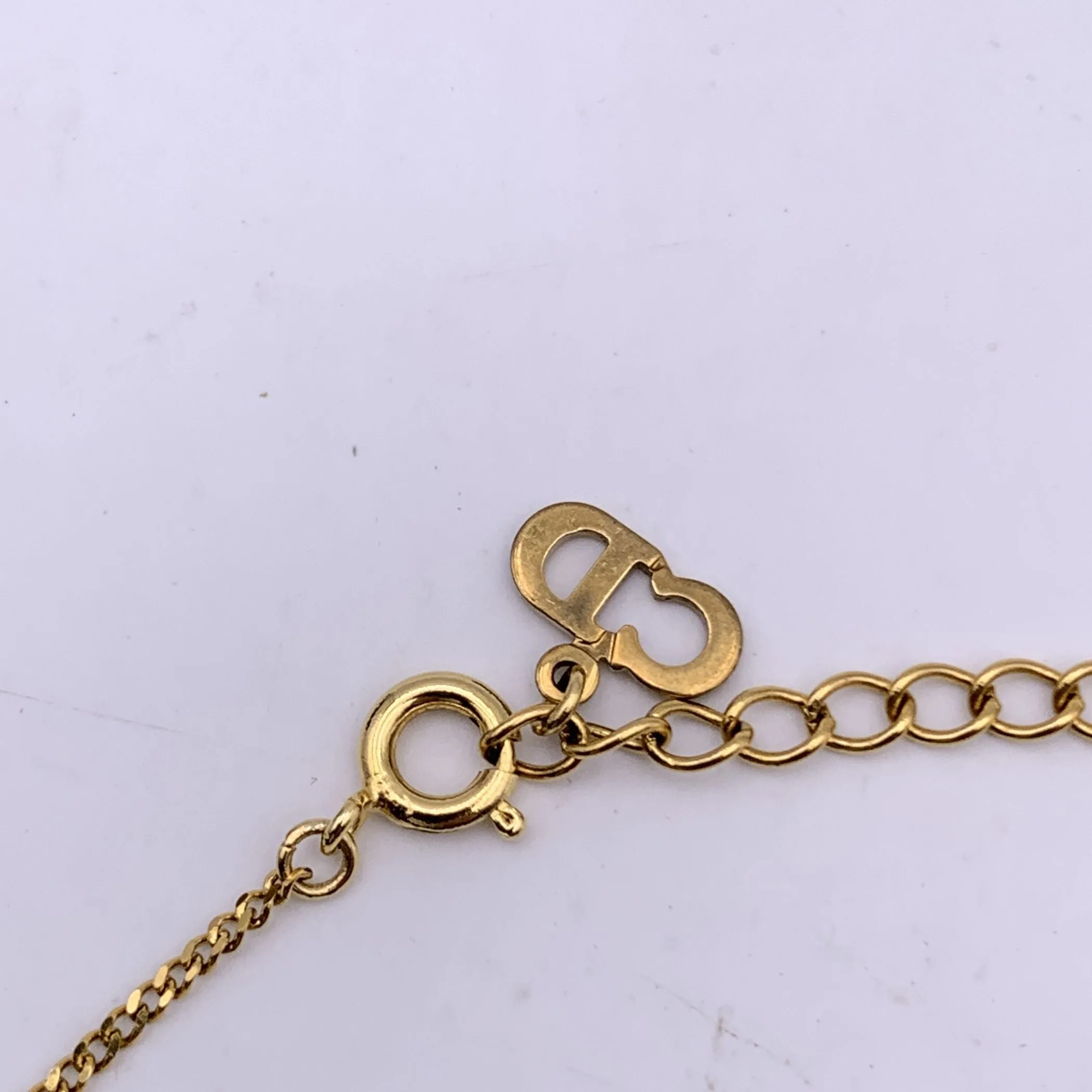 Christian Dior Gold Metal D Crystal Logo Pendant Chain Necklace