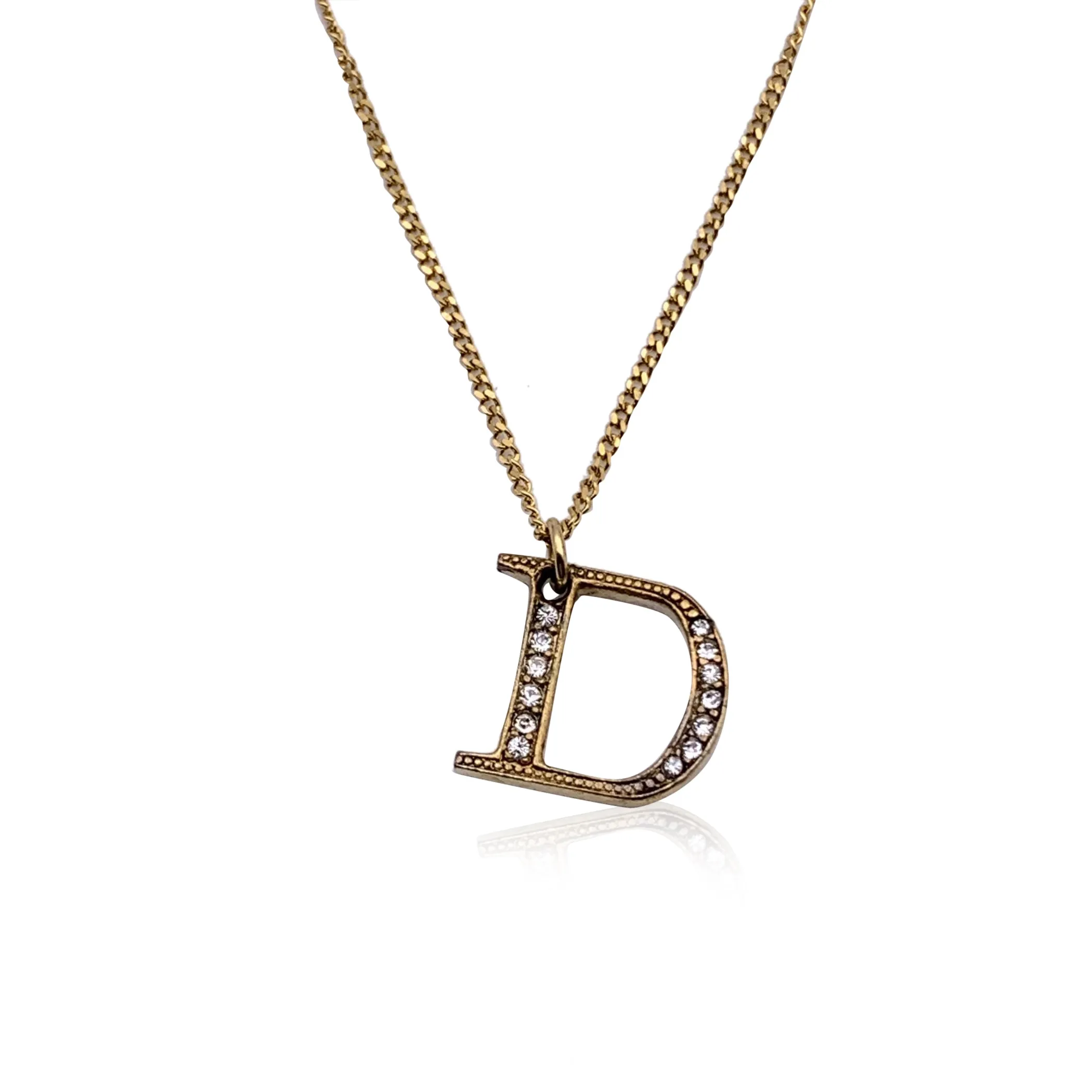 Christian Dior Gold Metal D Crystal Logo Pendant Chain Necklace