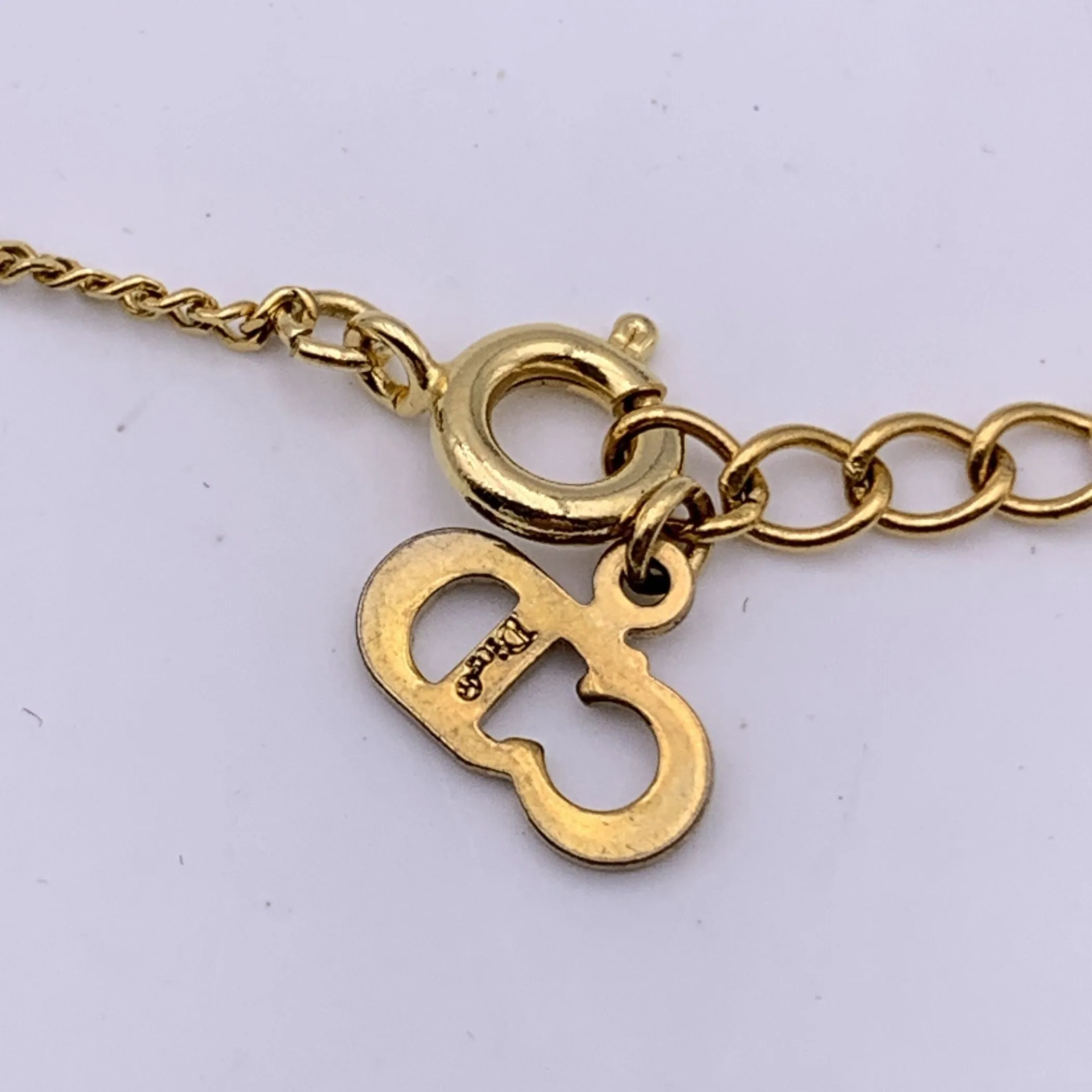 Christian Dior Gold Metal D Crystal Logo Pendant Chain Necklace