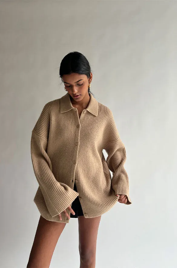 COLLARED RIB-KNIT CARDIGAN