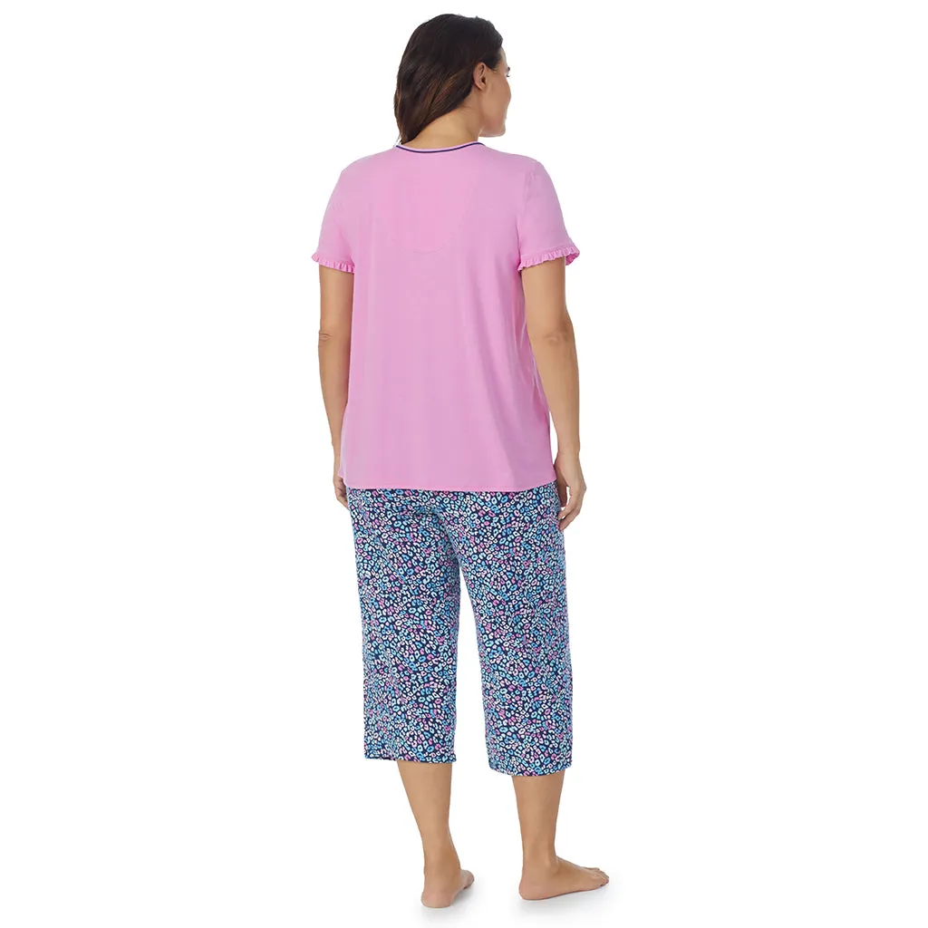 Cotton-Blend Short Sleeve Top with Cropped Pant 2-Pc Pajama Set PLUS