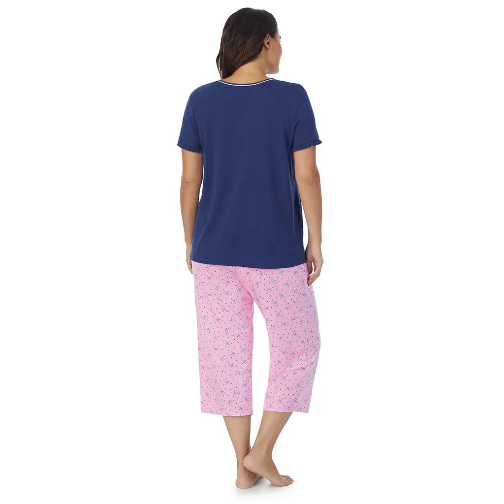 Cotton-Blend Short Sleeve Top with Cropped Pant 2-Pc Pajama Set PLUS