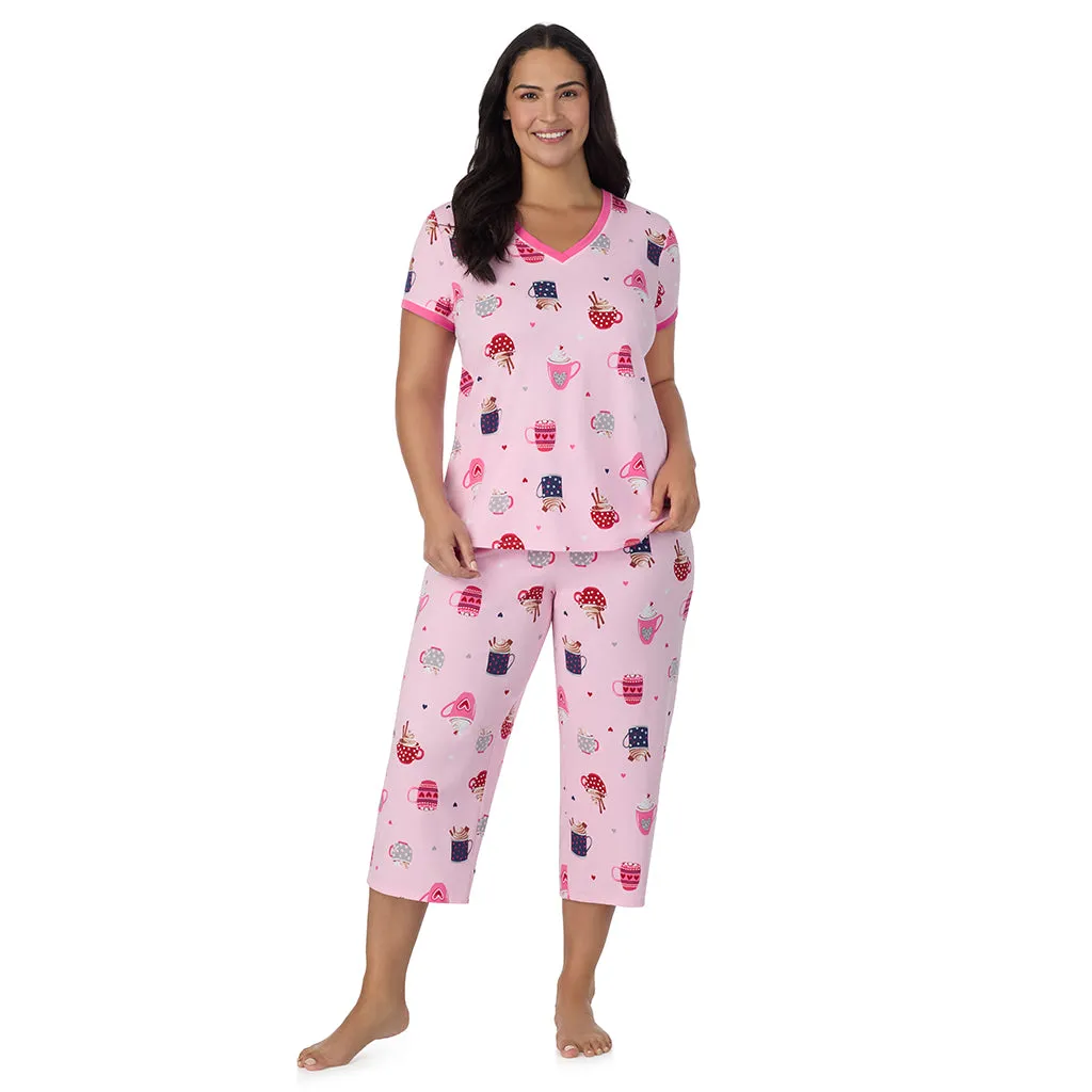 Cotton-Blend Short Sleeve Top with Cropped Pant 2-Pc Pajama Set PLUS